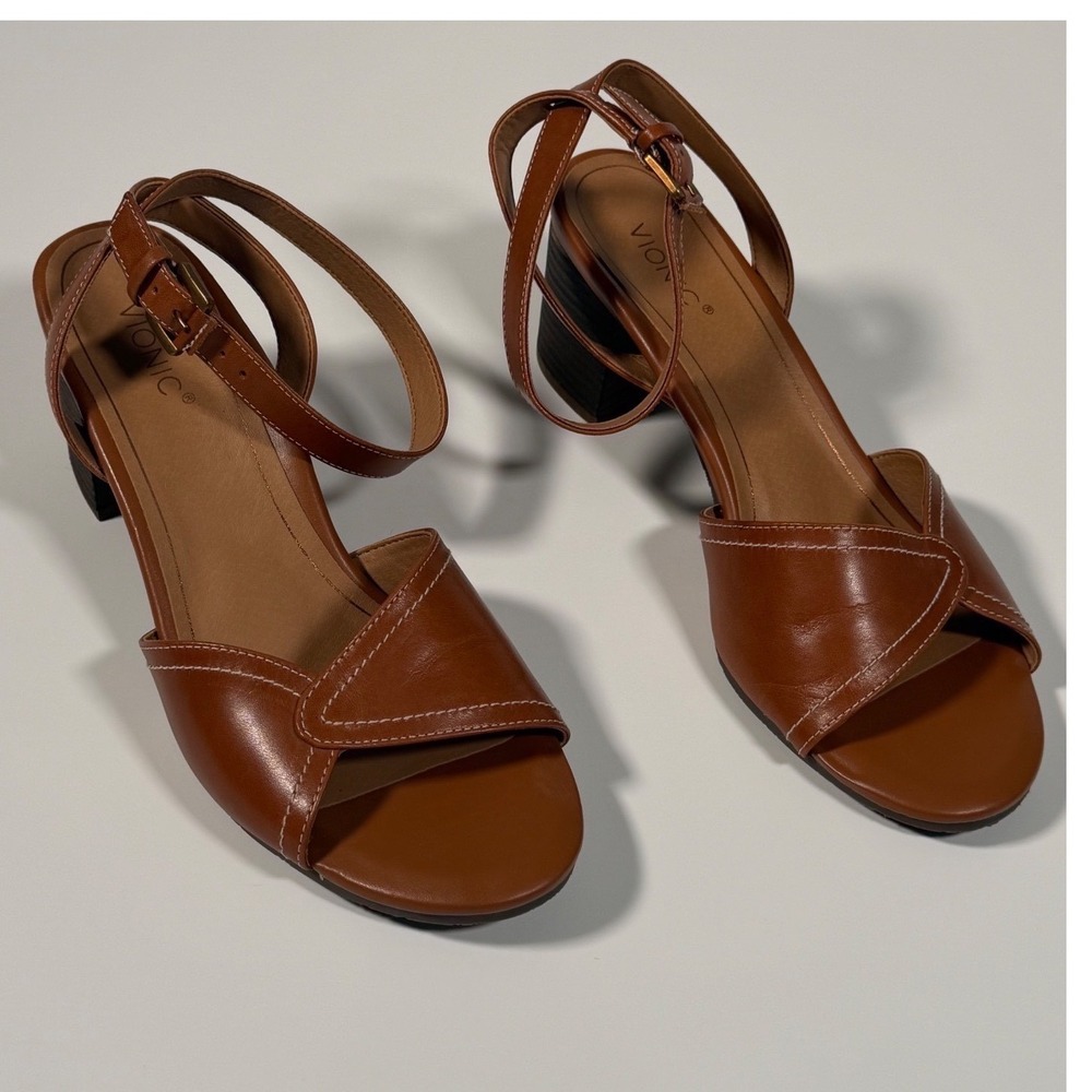 Vionic Tan Leather Block Heel Sandals Ankle Strap Boho Minimalist Brown Women 10 - Picture 3 of 9